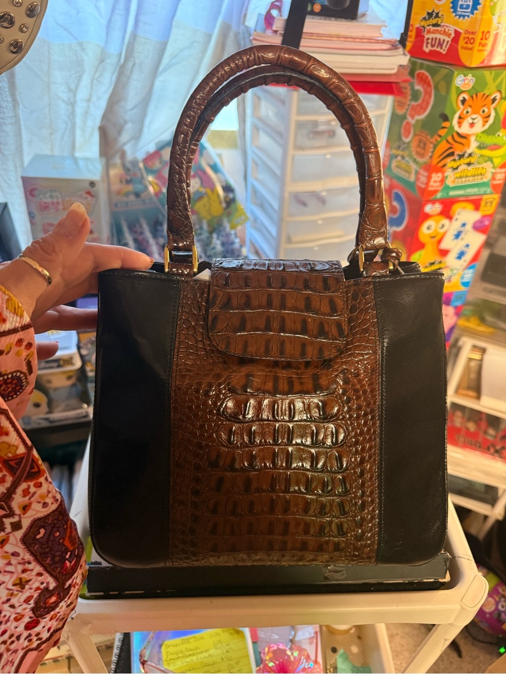 Brahmin Brown Croc-Embossed & Black Panel Satchel